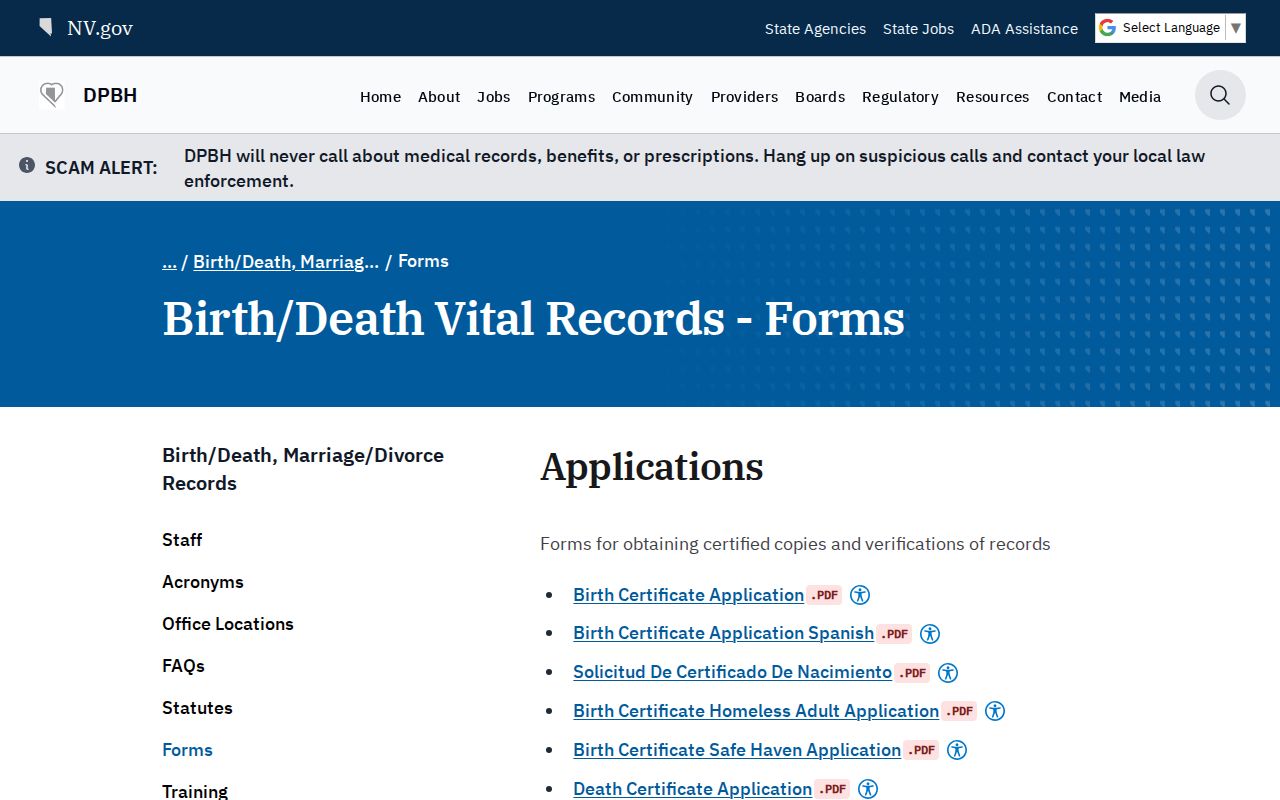 Paradise residents directory Nevada vital records forms page