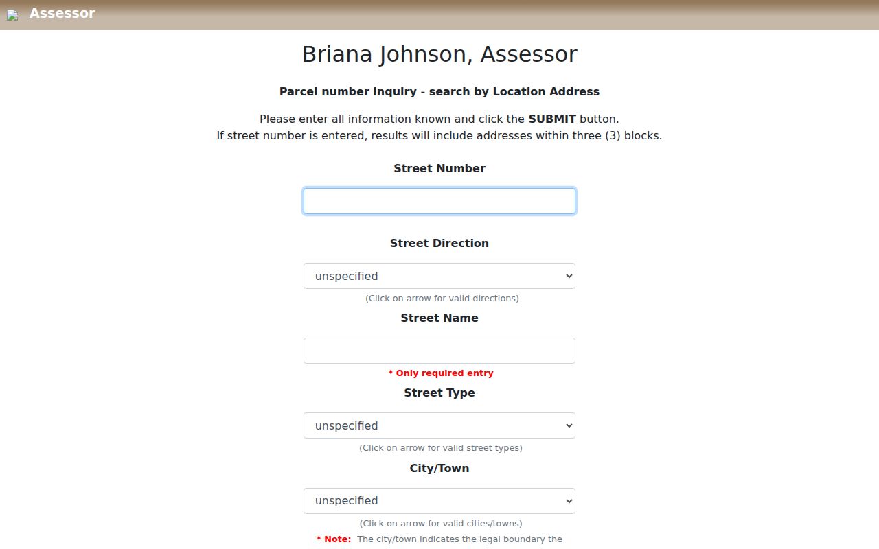 Paradise street directory Clark County Assessor address search form